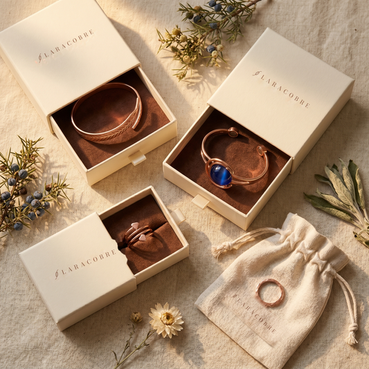Pack de 5 piezas de Lara Cobre en sus cajas y bolsita de tela