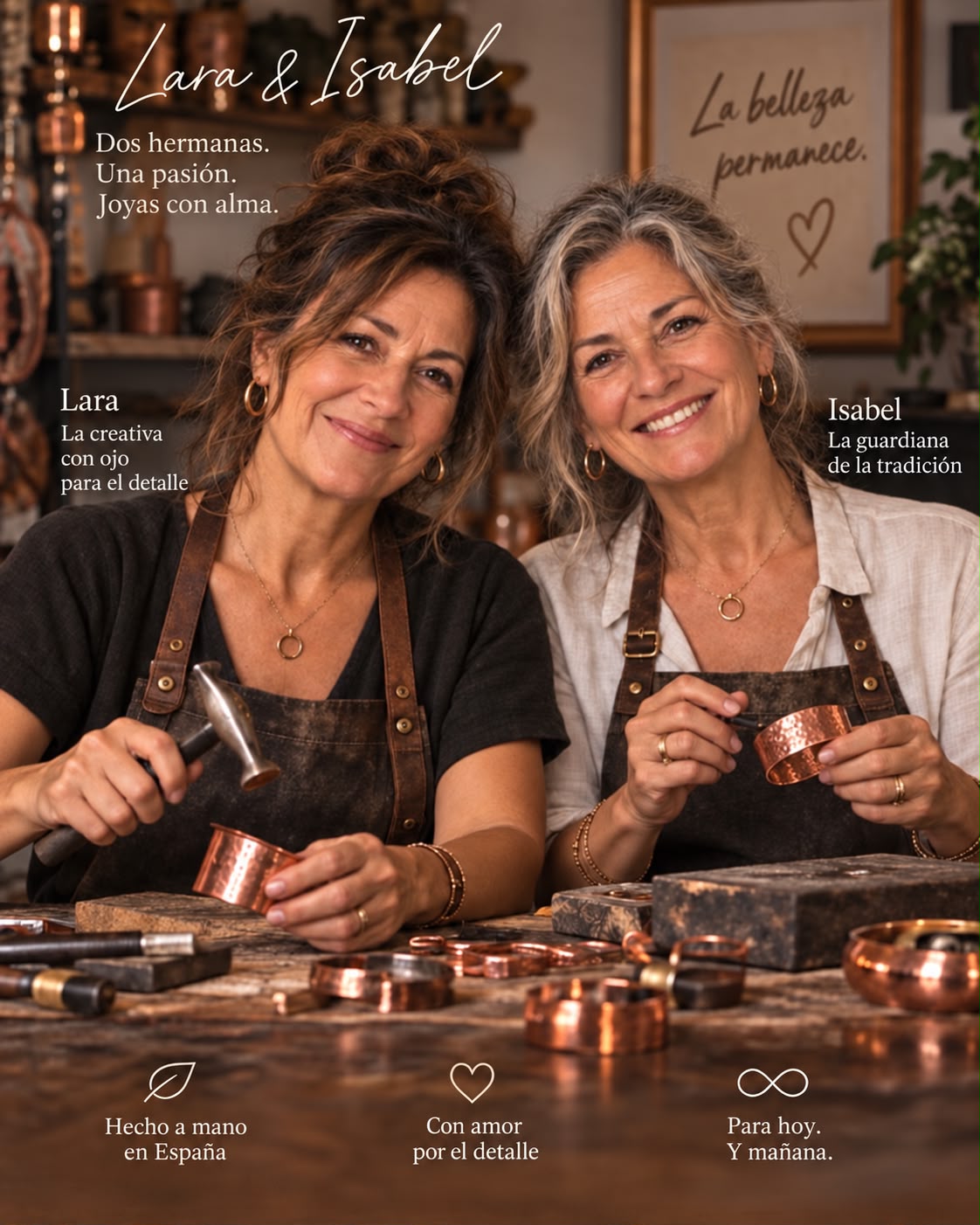 Lara e Isabel en el taller, trabajando piezas de cobre a mano